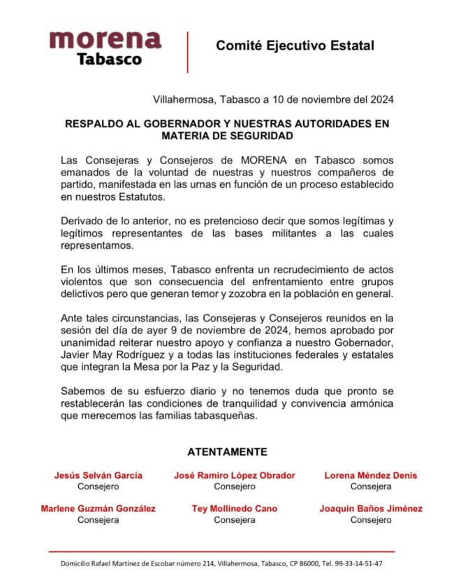 Consejeros de Morena respaldan acciones de seguridad de May