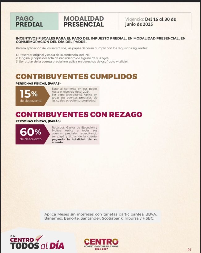 Incentivos fiscales en pagos de agua y predial por Día del Padre