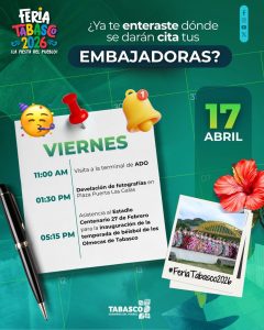 Agenda de Actividades para las Embajadoras de Tabasco